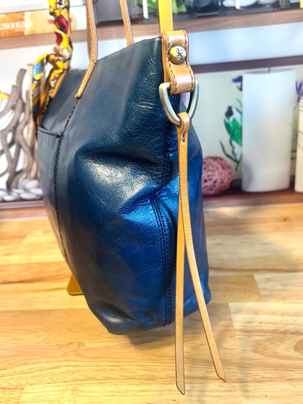 HOBO Cecily Leather Tote Shoulder Bag in Deep Teal Blue with Tan Straps - Picture 3 of 12